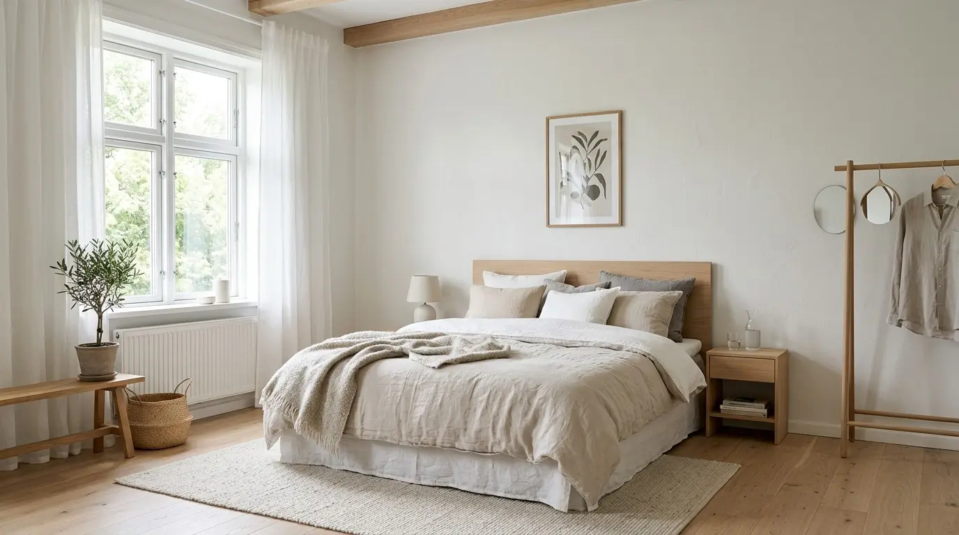 Chambre lumineuse aux murs blanc cassé, grande fenêtre et linge de lit clair