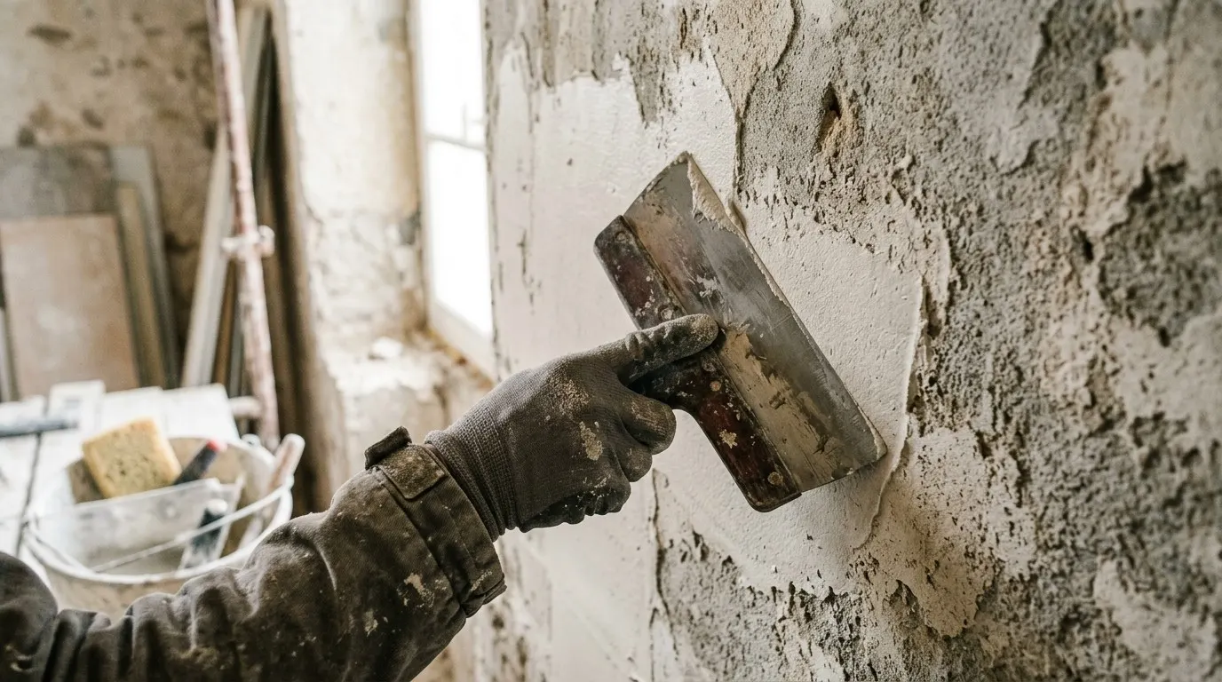 Application d’enduit au couteau sur un mur abîmé avant peinture